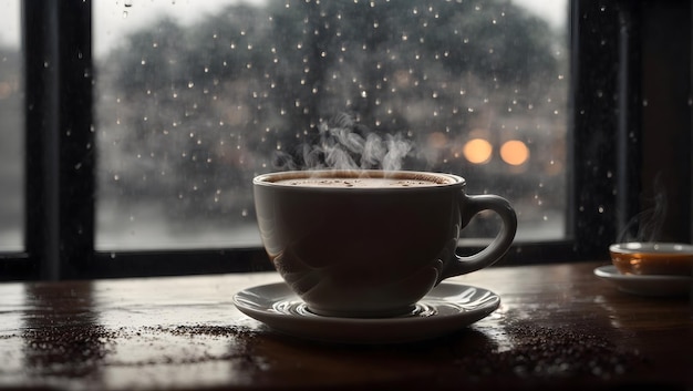 On a rainy day picture a comforting scene with a steaming cup of coffee