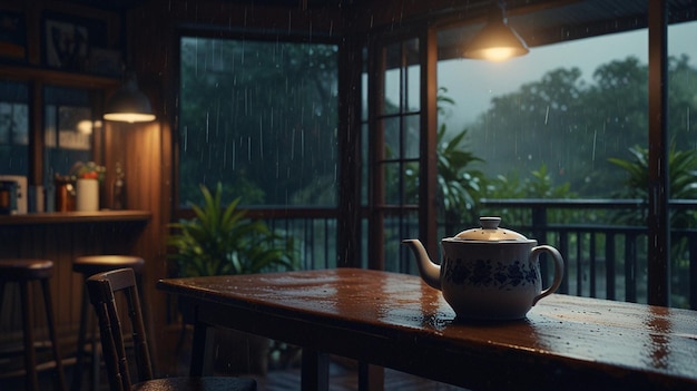 Rainy day tea cup environment window outside jungle