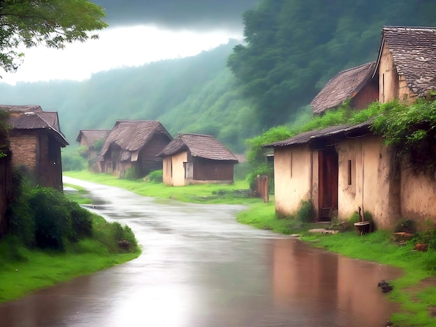 A rainy day in their village_ ai generated