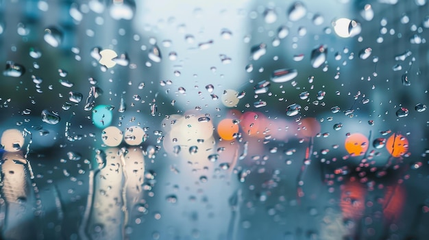 rainy day on the window with blurred traffic lights