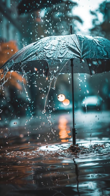 a rainy day with a blue umbrella in the rain