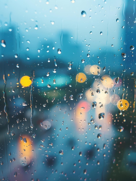 rainy day with blurred traffic lights and raindrops on window