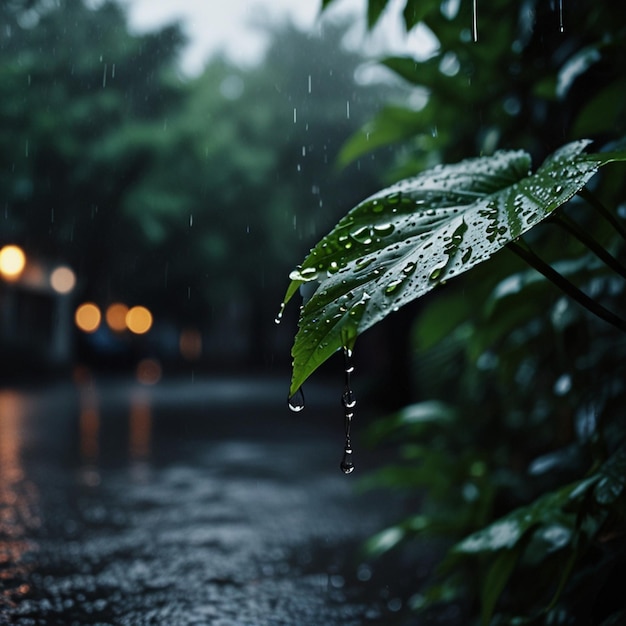 a rainy day with a green leaf and a street light in the background