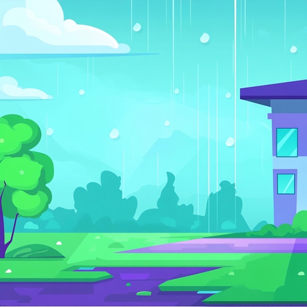 Photo a rainy day with an overcast sky in a cute flat cartoon style