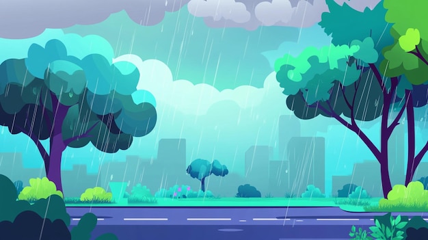 Photo a rainy day with an overcast sky in a cute flat cartoon style