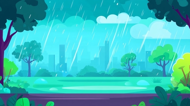 Photo a rainy day with an overcast sky in a cute flat cartoon style