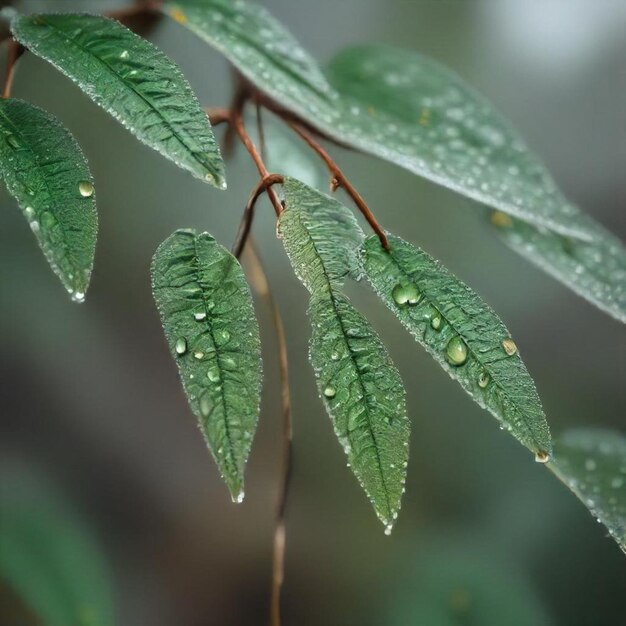 a rainy day with raindrops on the leaves and the word rain