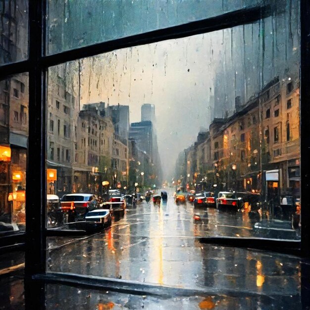 Photo a rainy day with a rainy street and a building with a window that says  the word  on it