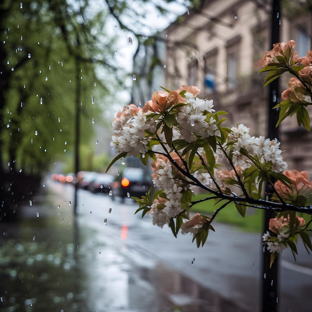 A rainy day with a tree branch with orange flowers on it.