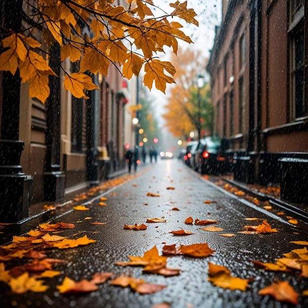 a rainy day with a tree and a yellow leaf on the ground