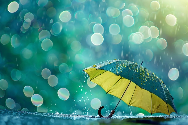 Rainy day with an umbrella in the rain raindrops falling on it background blur green and blue ton