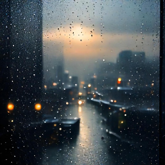 a rainy day with a view of a cityscape through a window with raindrops on it