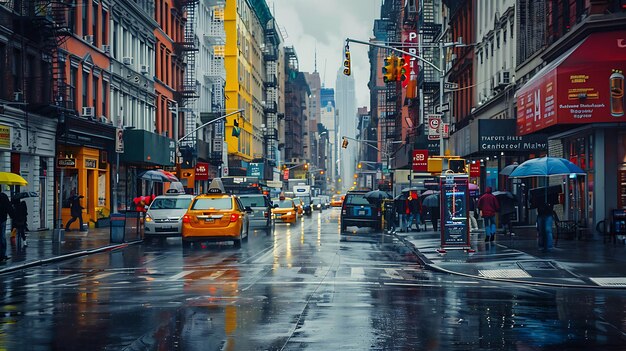 a rainy day with a yellow taxi cab driving down the street