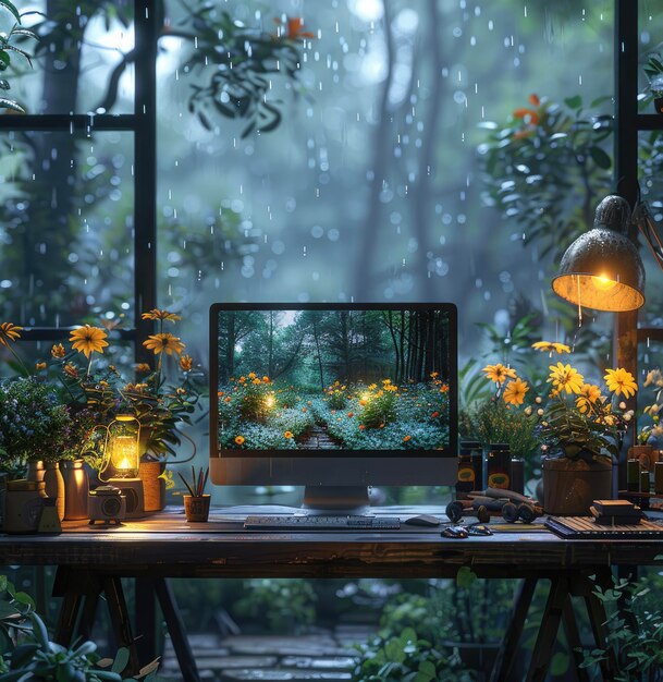 Photo rainy day workspace with a view of a forest path