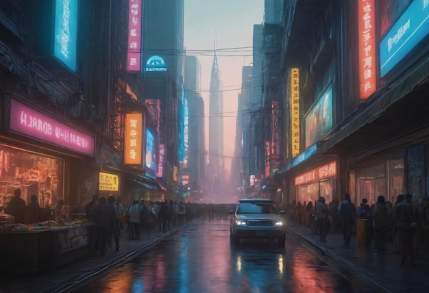 Rainy Evening on a Bustling City Street Filled With Neon Signs and Pedestrians