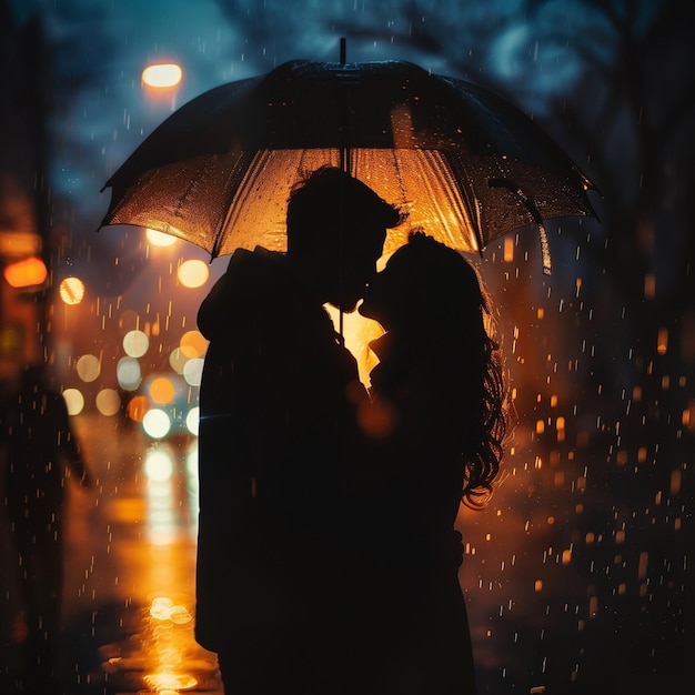 On a rainy evening a man and a woman stand under an umbrella around them a night city in lights