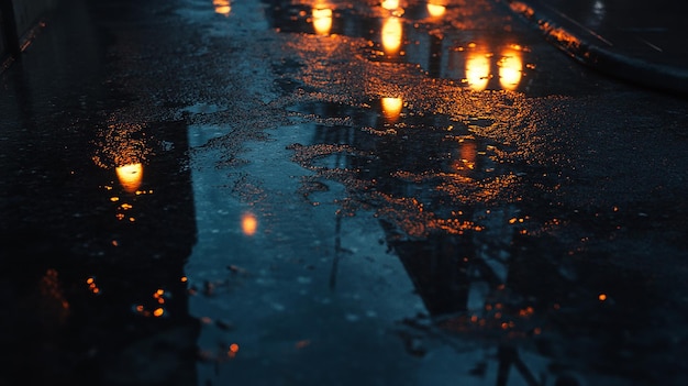 Photo rainy evening with glowing streetlights and puddles