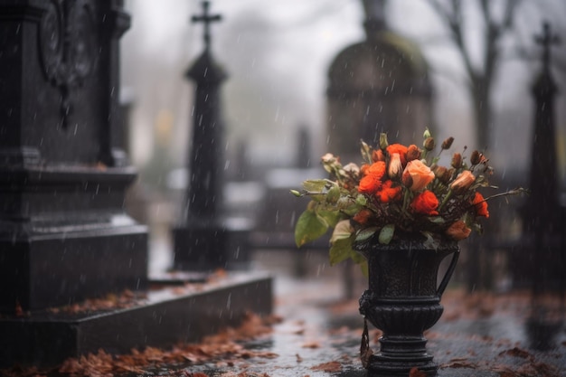 Rainy funeral Cemetery on a rainy day with flowers and blurred background Generative AI illustration