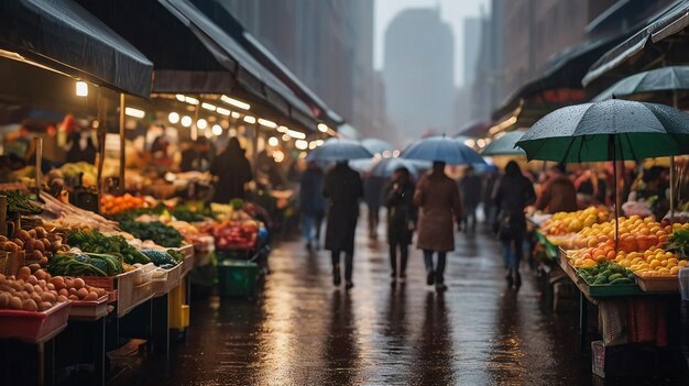 Photo rainy morning bustling city market street scene wet streets market vendors urban atmosphere um