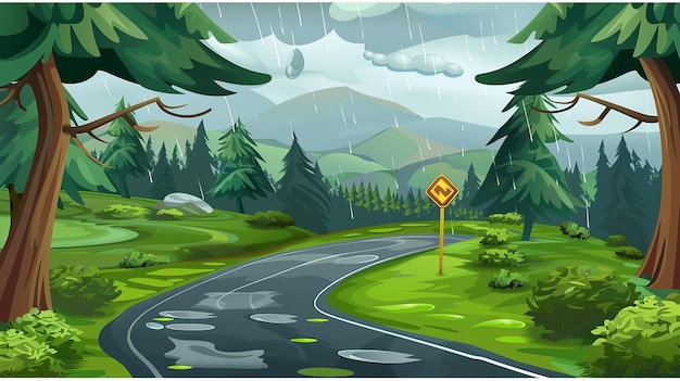 Rainy mountain landscape with winding road