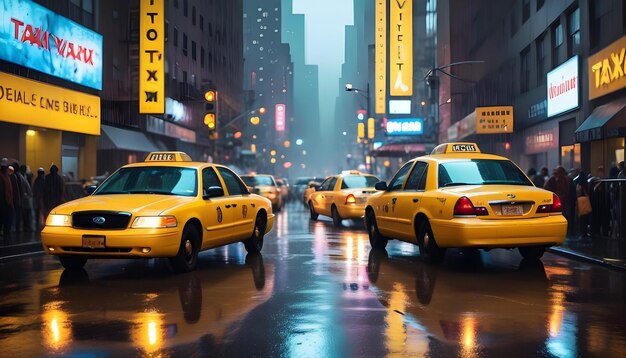 A rainy night in a busy city with yellow taxi cabs on the wet streets and bright neon lights