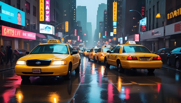 A rainy night in a busy city with yellow taxi cabs on the wet streets and bright neon lights