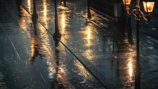 Photo rainy night in the city with street lights reflecting on wet pavement