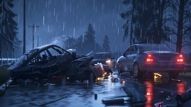 A rainy night scene with crashed cars and emergency vehicles highlighted by bright street lights captures the dramatic aftermath of a severe road accident