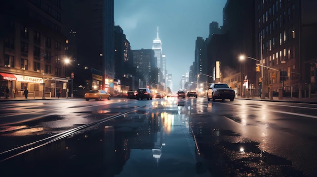 rainy night street car traffic blurred light urban scene