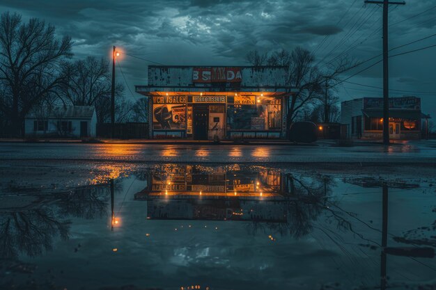 On a rainy night the streetlights beside the street