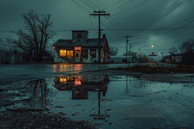 On a rainy night the streetlights beside the street