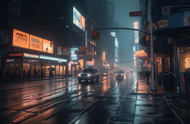 A rainy night in times square, with a billboard for the movie the movie.