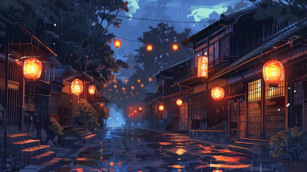 Rainy night in traditional japanese street with lanterns generative ai