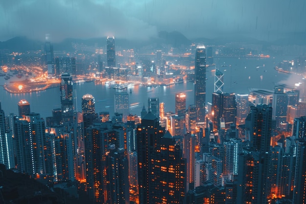 Rainy Night View of Hong Kong Skyline