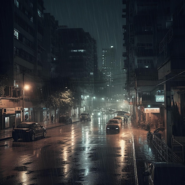 A rainy night with cars parked on the street and the words " the word " on the sign. "