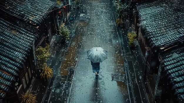 Photo a rainy night with a person holding an umbrella