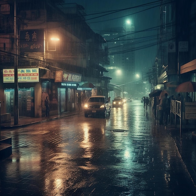 A rainy night with a sign that says'chinese'on it