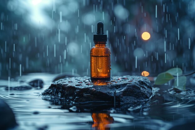 Rainy Repose Serum Bottle in a Rainstorm