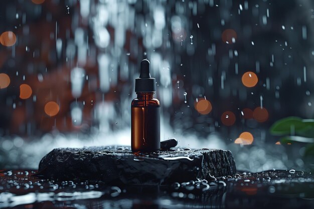 Rainy Repose Serum Bottle in a Rainstorm