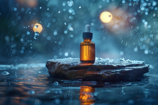 Rainy Repose Serum Bottle in a Rainstorm