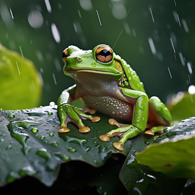 rainy season on green leaves frog image Generative AI