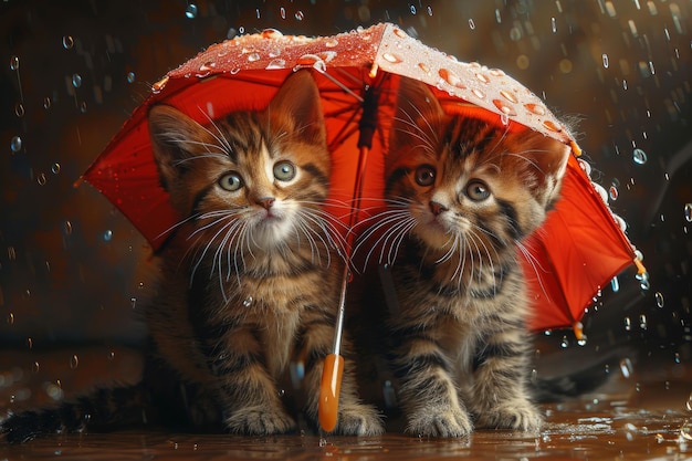 Under a rainy sky two cute cartoon kittens hold umbrellas