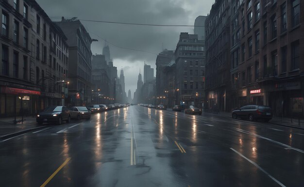 a rainy street with cars and a street light on it