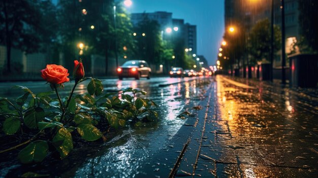 A rainy street with a red flower in the foreground