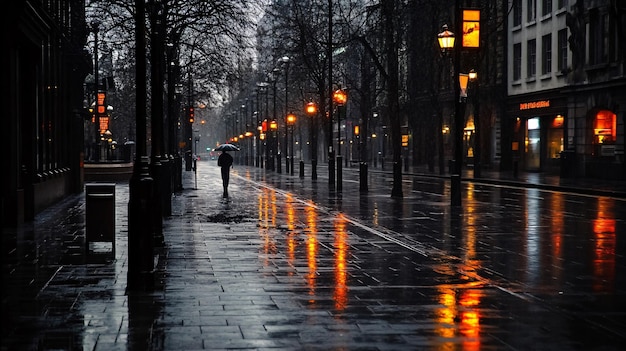 Rainy street with a single pedestrian under a broken umbrella solitude melancholy in a city setting