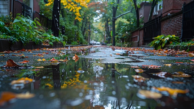 a rainy street with a tree in the background