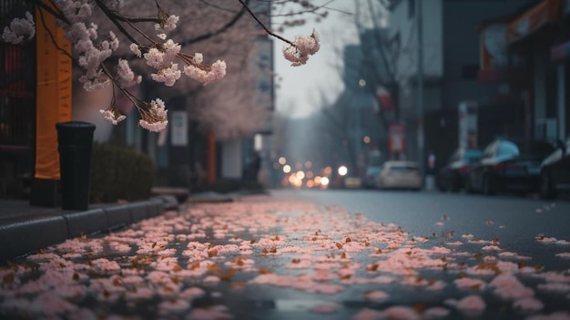 A rainy street with a tree branch covered in pink flowers