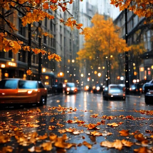 a rainy street with a yellow taxi and a tree with autumn leaves