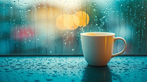 Rainy summer day morning with cup of coffee on window Background concept