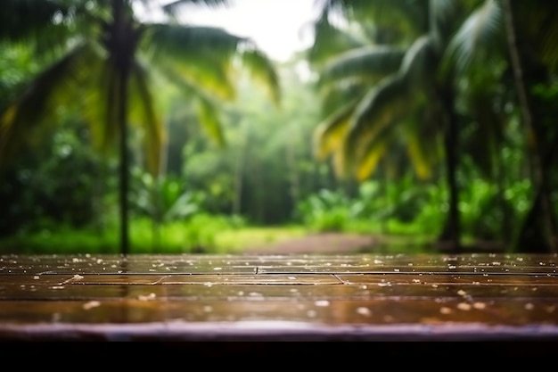 Rainy Tropical Setting Empty Wooden Table Generative AI